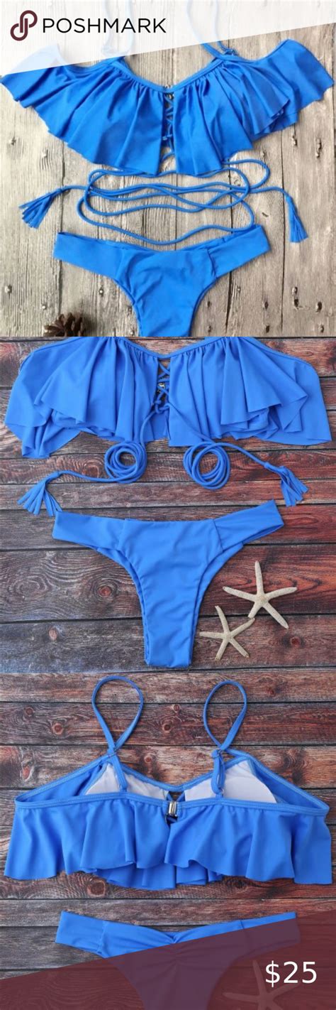 Flounce Off The Shoulder Bikini Set Blue Bikinis Bikini Set High