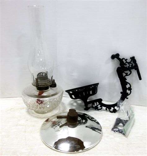 Antique Kerosene Lamp With Wall Brackets And Mercury Glass Reflector