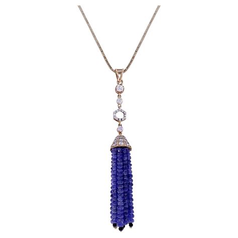 Beaded Emerald Tassel Necklace With Pave Diamond In 18k White Gold For Sale At 1stdibs