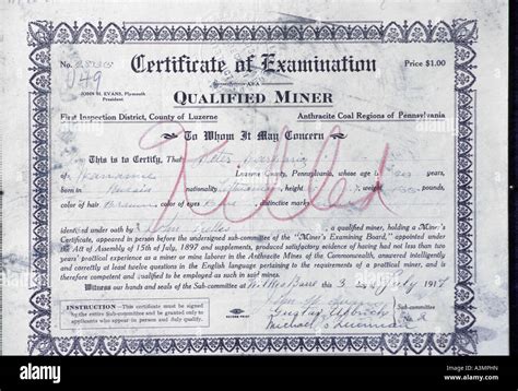 1 one qualified miner certificate of examination w inscription killed written over printing ...