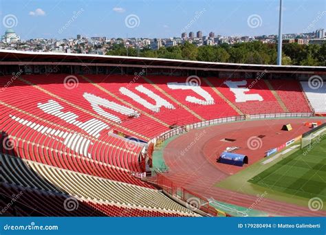 BELGRADE, SERBIA - AUGUST 2019: Red Star Stadium Delije Sector And City Skyline Stock Photo ...