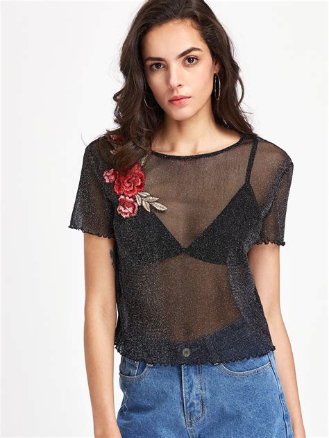 Rose Patch Lettuce Hem Glitter Mesh Top Shein Sheinside