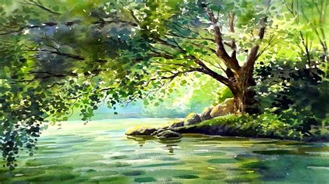 Tree Over A Lake Watercolor Landscape Painting Watercolor Landscape