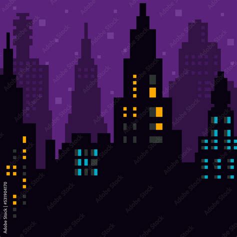 Pixel Art Night City With Landscape Sky Clouds City Silhouette