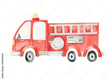 Red fire truck in cartoon style. Watercolor hand-drawn illustration of ...