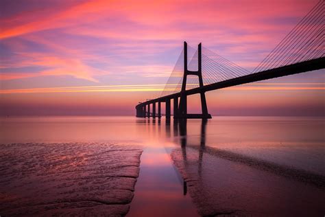 nature, Landscape, Bridge, Pacific Ocean, Sunset, Clouds, Vasco da Gama Bridge