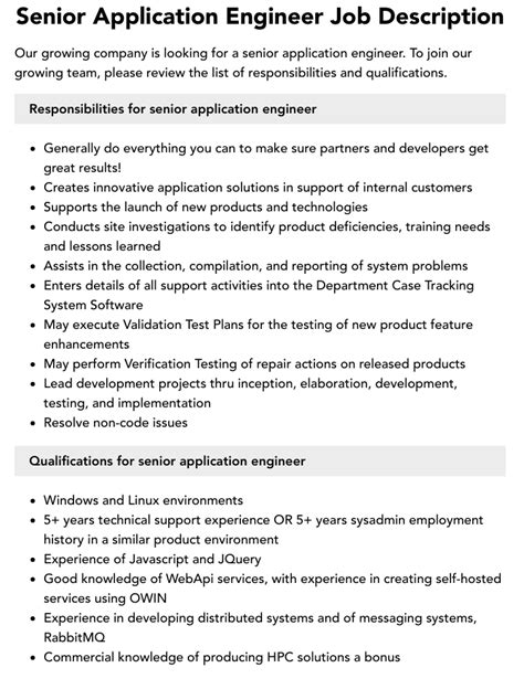 Senior Application Engineer Job Description Velvet Jobs