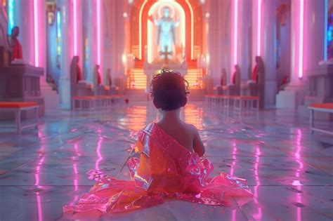 Child In Pink Neon Church Premium Ai Generated Image