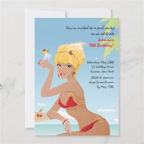 Red Bikini Girl Birthday Party Invitation Zazzle
