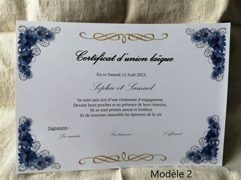 certificat d union laïque personnalisable 6 modèles au choix