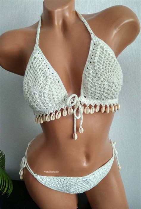 Boho Crochet Bikini Set With Seashells Two Piece Bathing Suits Etsy Crochet Bikini Crochet