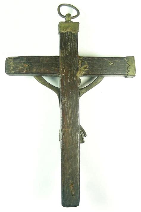 B Antiguo Crucifijo Con Cruz De Madera De Roble Y Cristo De Bronce