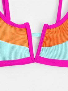 ZAFUL Ribbed Colorblock V Wired High Leg Bikini Swimwear In LIGHT BLUE