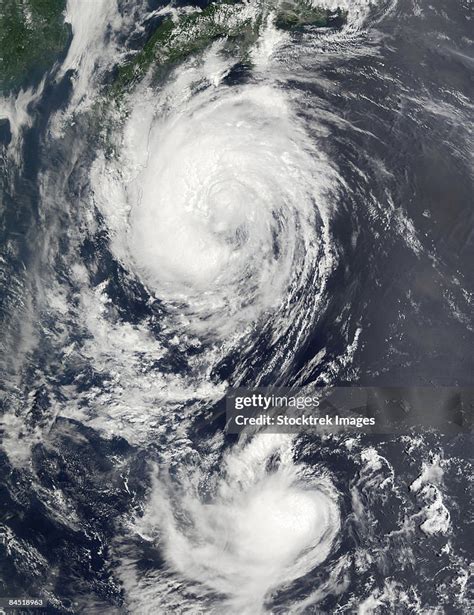 Two Typhoon Systems Approaching The Far East High Res Stock Photo