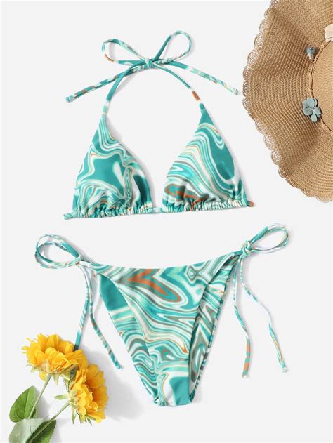 Ba Ador Bikini Con Patr N De Fluido Halter Micro Tri Ngulo Con Cord N