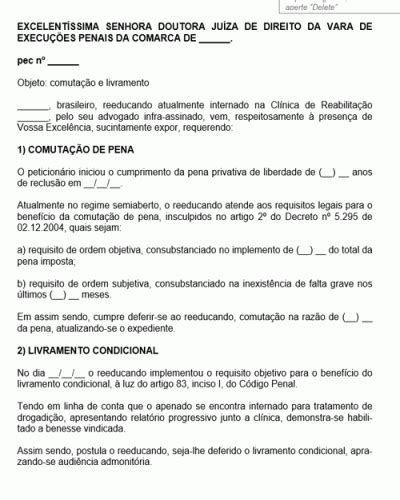 Modelo De Peti O Pedido Comuta O Da Pena E Livramento Condicional