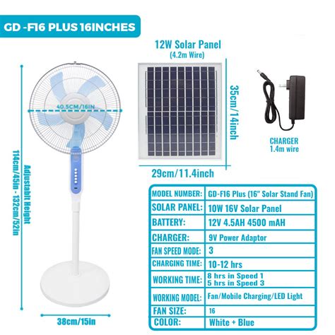 S C 16 Inch AC DC Dual Power Rechargeable Stand Fan Solar Fan With Led