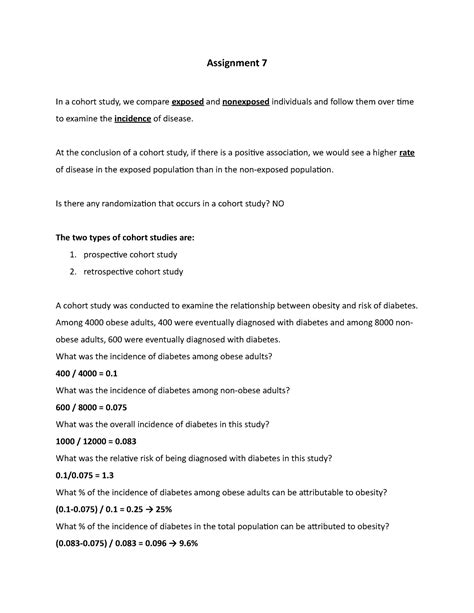 Hsci 488 Assignment 7 Assignment 7 In A Cohort Study We Compare