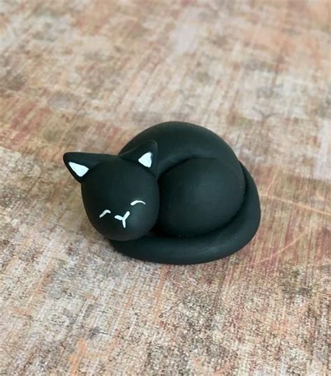 Polymer Clay Cat Sculpture Kitten Sleeping Figurine Black Cat Halloween