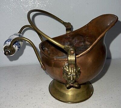 Vintage Copper Coal Scuttle Bucket Delft Porcelain Brass Handle