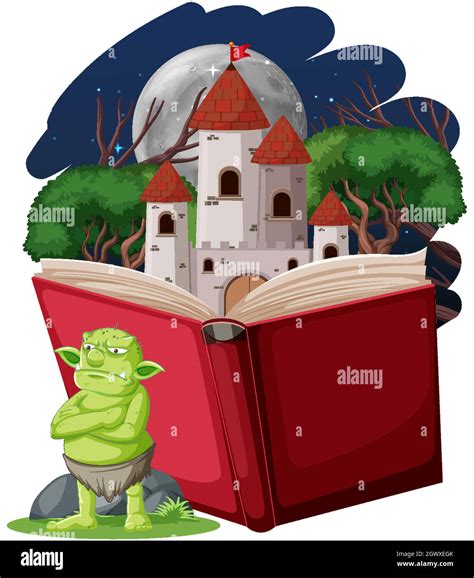 Personaje De Dibujos Animados Goblin O Troll Con Un Libro De Cuentos