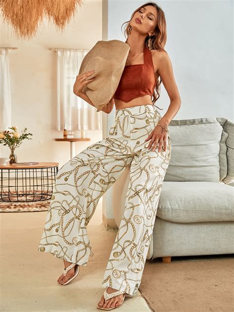 SHEIN Frenchy Pantalones De Pierna Ancha Con Estampado De Cadena Moda