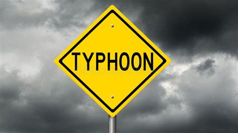 Yellow Typhoon Warning Sign And Dark Clouds Stock Photo Image Of Risk