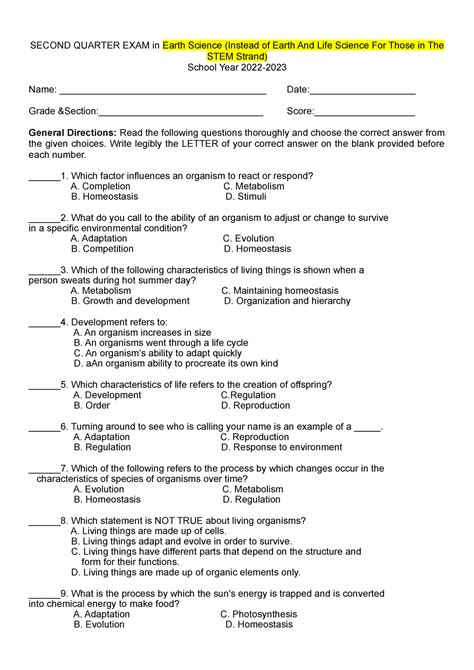 Copy Of Updated Second Quarter EXAM In Earth Science SECOND QUARTER