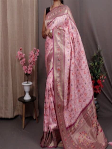 Buy Mitera Pink Gold Toned Woven Design Zari Ethnic Motifs Silk Blend