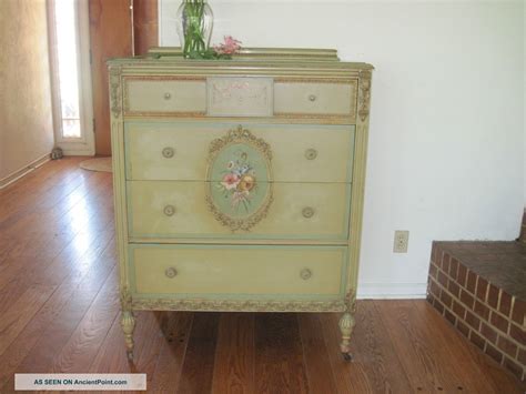 Gorgeous Antique Hand Painted Floral Dresser W Carved Garland Detailing