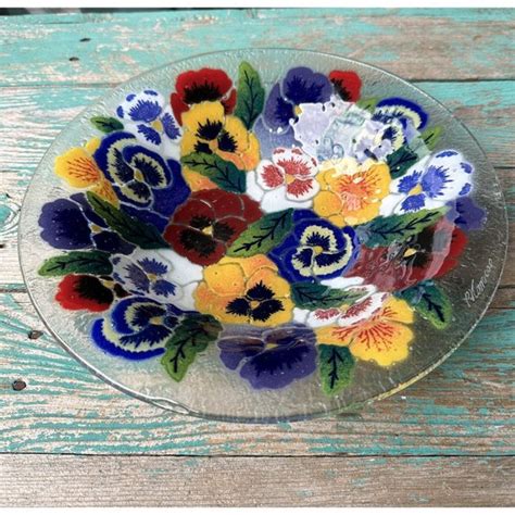 Peggy Karr Art Peggy Karr Fused Art Glass Pansies Round Console