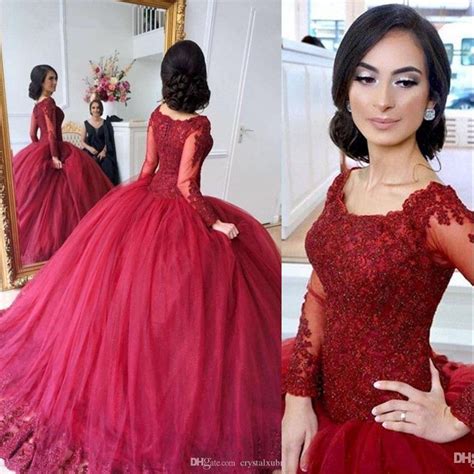 Burgundy Ball Gown Quinceanera Dresses With Sheer Long Sleeves Lace