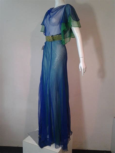 1930s Silk Chiffon Gown in Cobalt and Kelly Green Layers w/ Velvet Belt