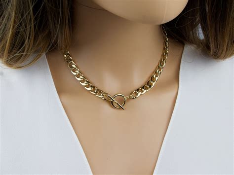 Curb Chain Necklace Toggle Statement Cuban Link Choker Womens Bold