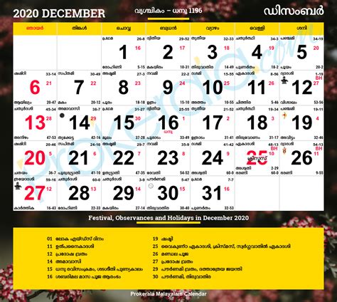 Malayalam Calendar 2021 December Printable March