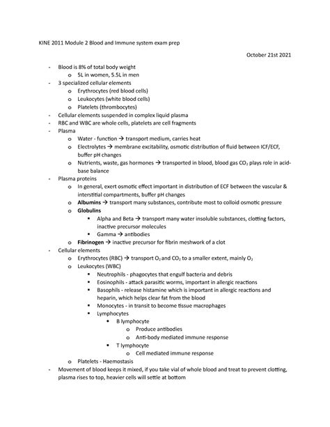 KINE 2011 Module 2 Exam Prep Blood And Immune System Kine 2011