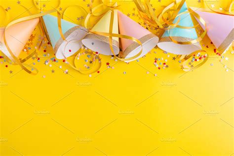 Birthday Party Background On Yellow High Quality Holiday Stock Photos