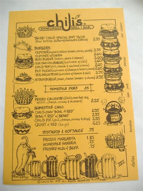 Vintage Chilis Restaurant Menu 1979