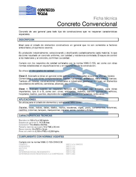 fichas tercnica concreto premezclado ficha tecnica concreto