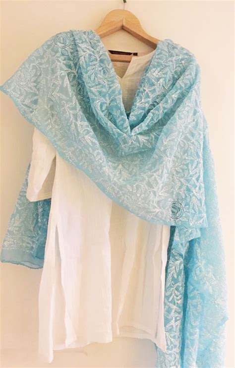 Buy Steel Blue Colour Lucknow Chikankari Dupatta - Craftmagic