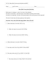 Dld Mass Mole Conversions Worksheet And Key Doc S C Mass