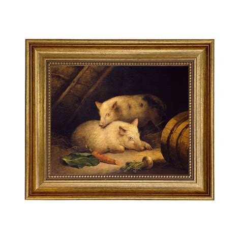 Two Pigs Oil Painting Print On Canvas In Antiqued Gold Frame Farm