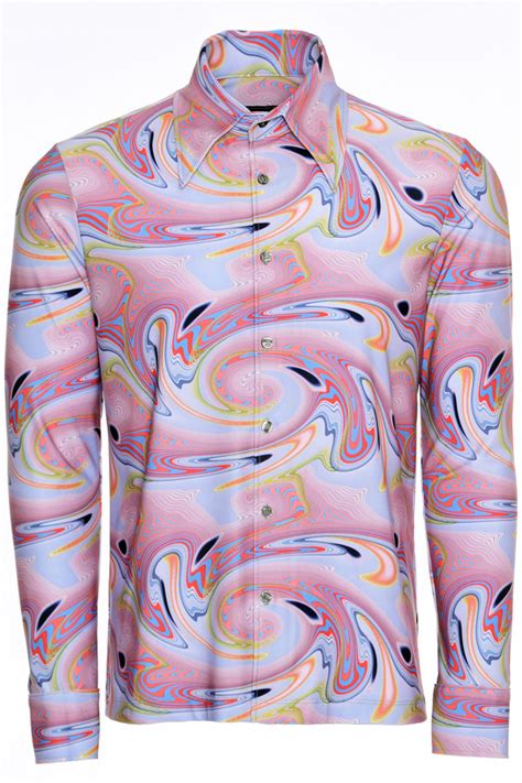 Mens 70s Multicolor Marble Swirl Print Long Sleeve Shirt Hurricane Eyes Vintage Clothing