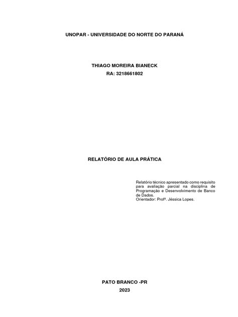 Portfolio Relatorio Aula Pratica Programacao E Desenvolvimento De Banco De Dados Pdf Bancos