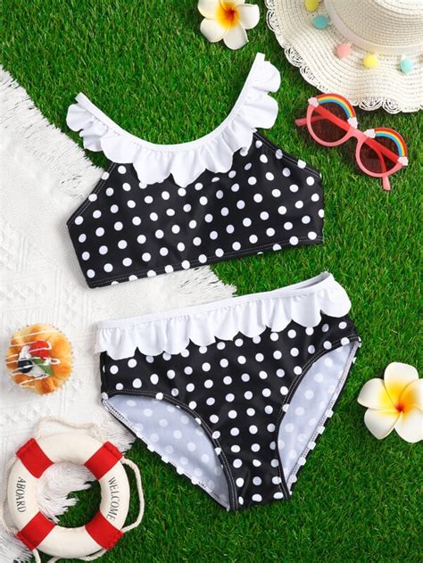 Girls Polka Dot Print Ruffle Trim Bikini Swimsuit SHEIN USA