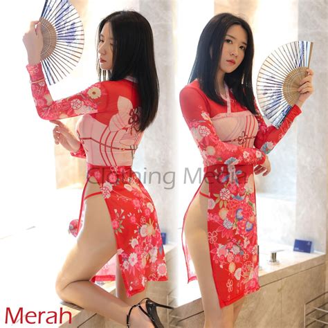 Jual Gaun Split Lingerie Transparan Motif Tradisional Kimono Bunga