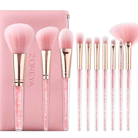 Ten Piece Pink Sparkle Handle Makeup Brush Set With Pink Vegan Leather