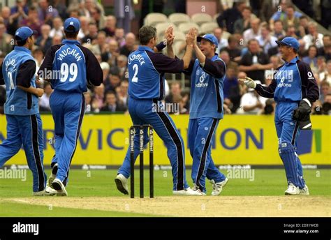 England S Darren Gough R Ben Hollioake Celebrate The Wicket Of