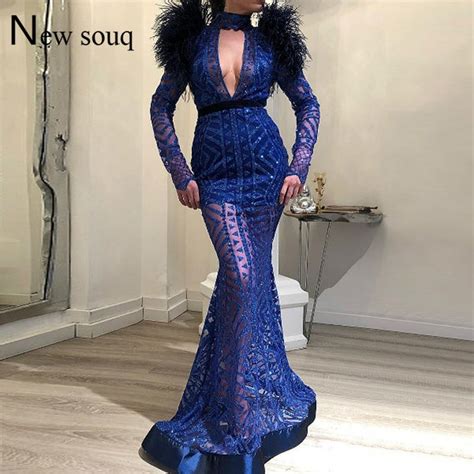 Royal Blue Feather Evening Dresses Long Sleeves Cut Out Sexy Party