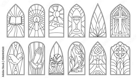 Vettoriale Stock Stained Glass Vector Outline Icon Set Collection